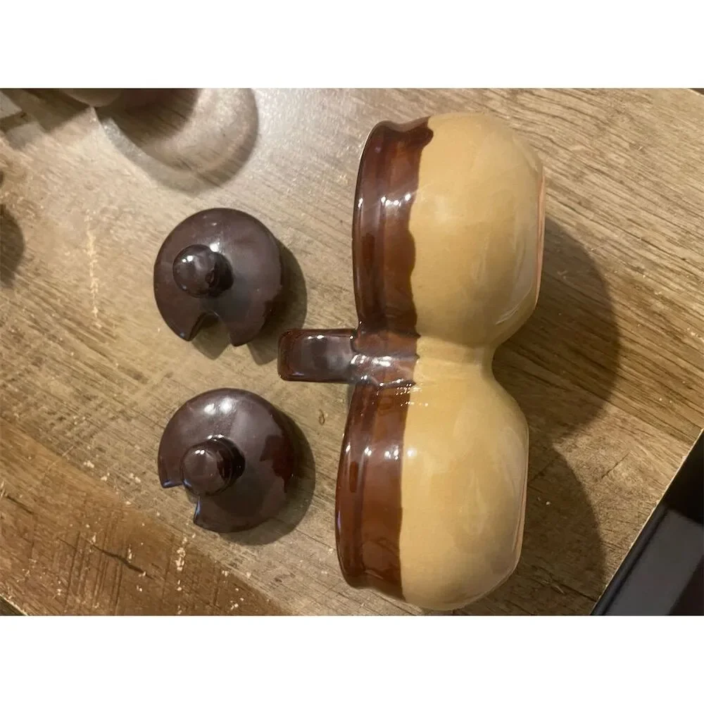 Vintage Brown & Cream Glazed Ceramic Double Condiment Dish with Lids